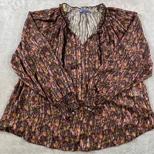 Democracy Top Blouse Womens 1X Brown Abstract V-Neck Balloon Sleeve Relaxed